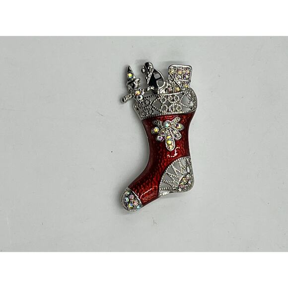 Red Enamel Silver Rhinestone Brooch Christmas Open Work Stocking Brooch Presents - Picture 4 of 6